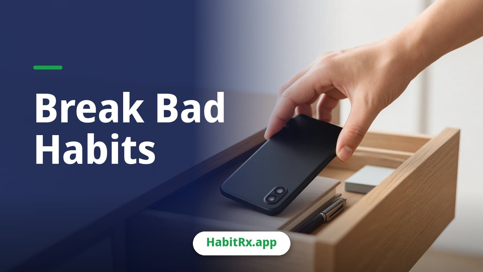 A hand placing a smartphone face down into a desk drawer at a home office, a simple way to break bad habits