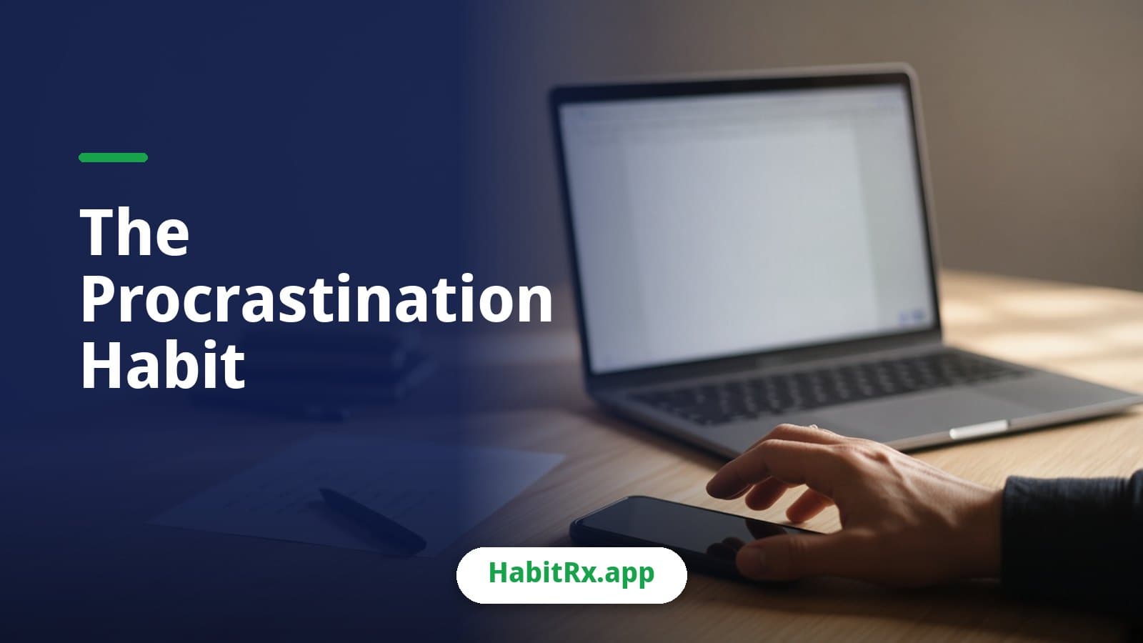 Open laptop with an unfinished document on a desk as a hand reaches for a smartphone, a classic procrastination habit moment