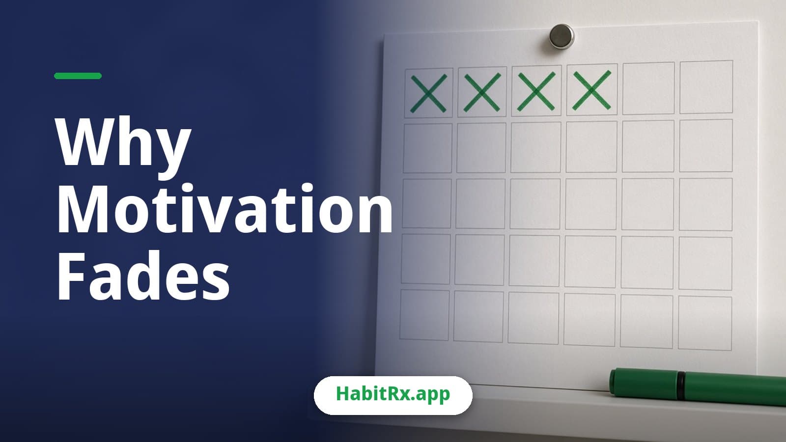 Monthly tracker with the first four days marked in green and the rest blank, a picture of why motivation fades