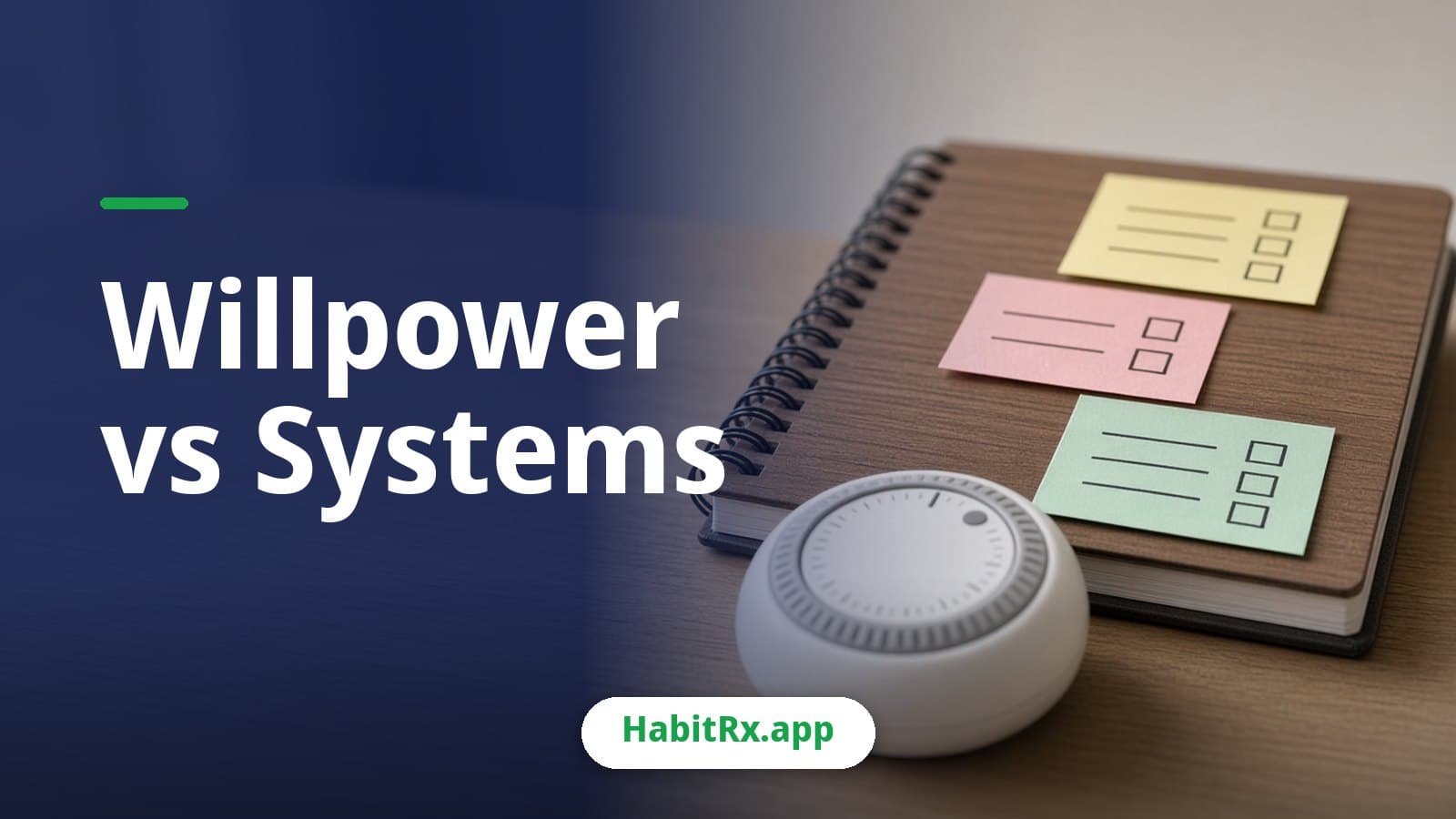 Spiral planner with colored checklist sticky notes and a small kitchen timer on a desk, showing willpower vs systems
